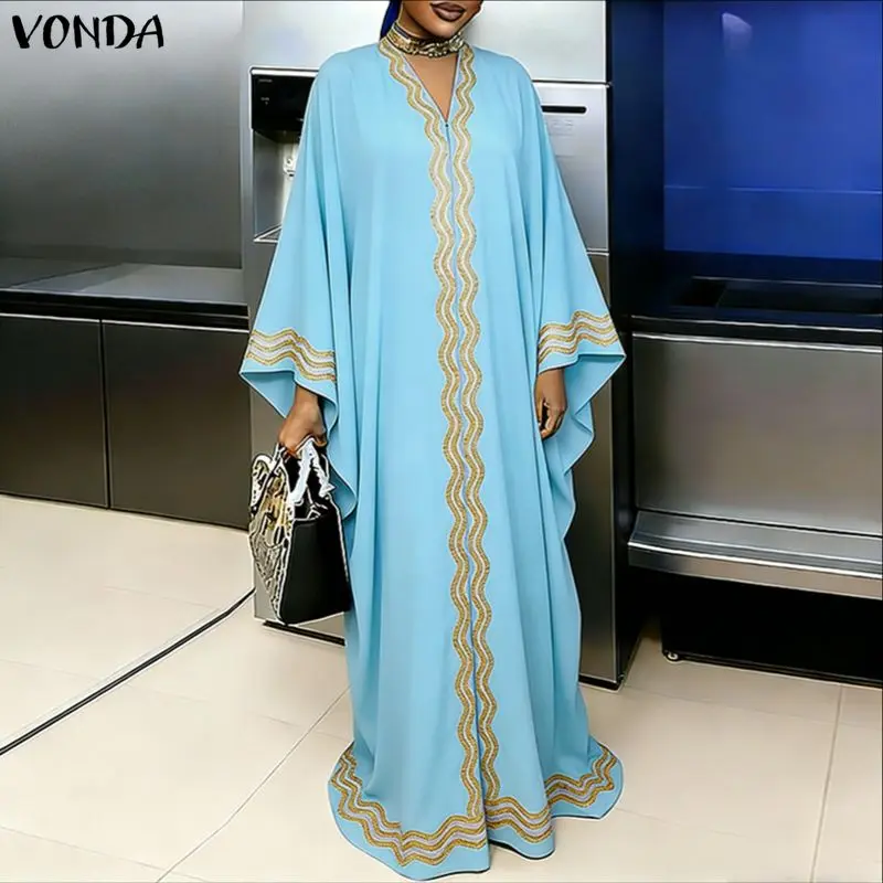 

VONDA Summer Autumn Women Plus Size Dresses Loose Print Thin Long Maxi Dresses Streetwear Long Vestidos Party Robe 5XL Sundress