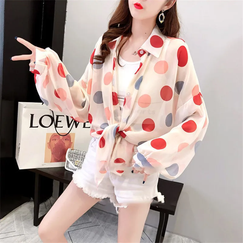 

2023 Summer Women Dots Print Thin Sunscreen Jacket Loose Casual Chiffon Shirt Tops Lapel Long Sleeve Ladies Sun Protection Coat