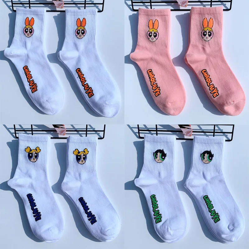 The Powerpuff Girls Women Cotton Socks Cute Breathable White Socks Japanese Style Cartoon Embroidery Girl Casual Stockings Gifts