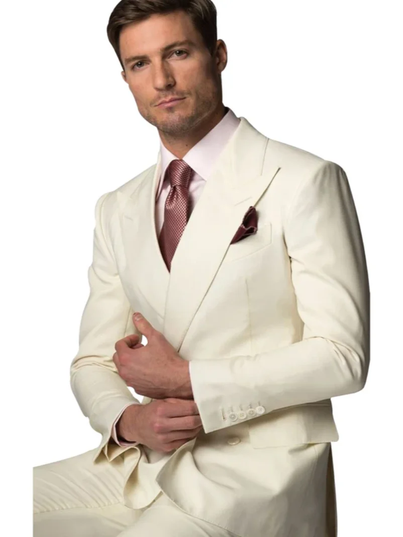 

2 Pieces Ivory Men's Peak Lapel Suits Double Breasted Jacket Groom Tuxedos Slm Fit Blazer TrousersBusiness Suit Set