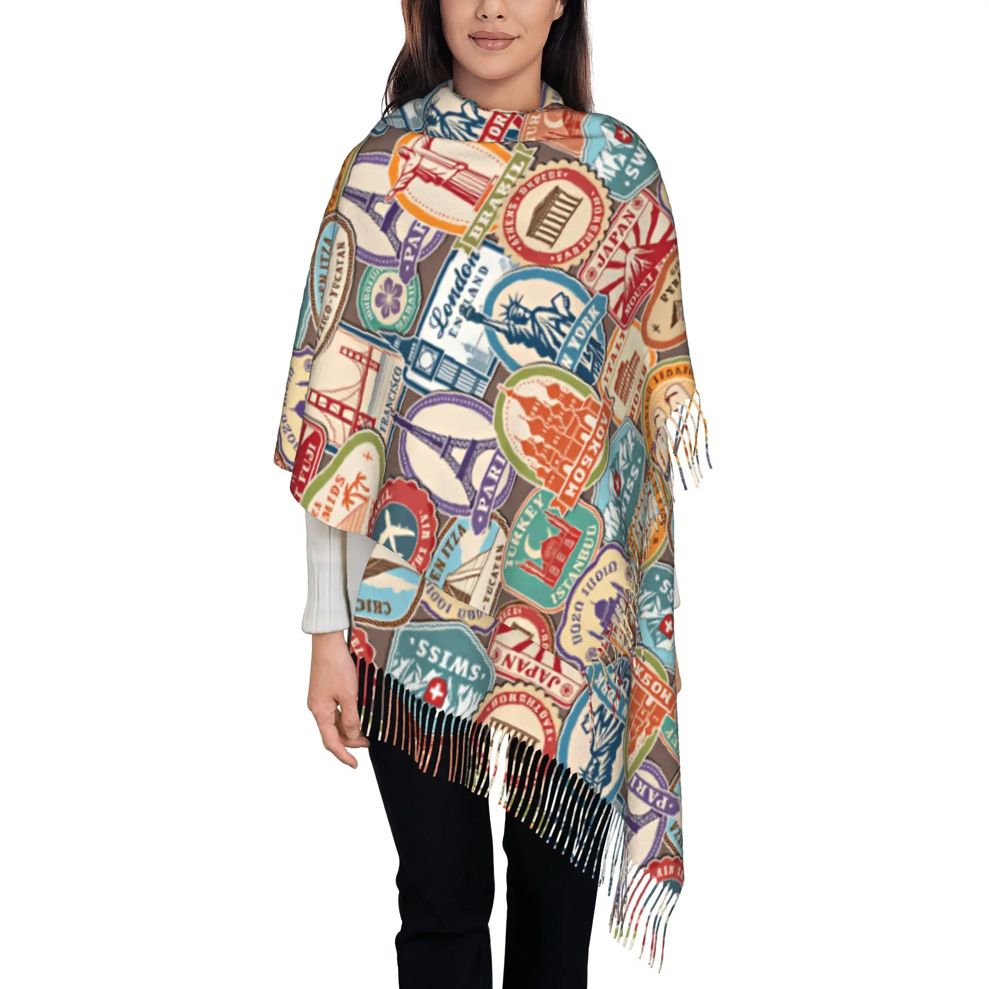 Custom Vintage World Landmark Travel Collage Print Tassel Scarf Women Winter Warm Shawl Wrap Ladies  Scarves
