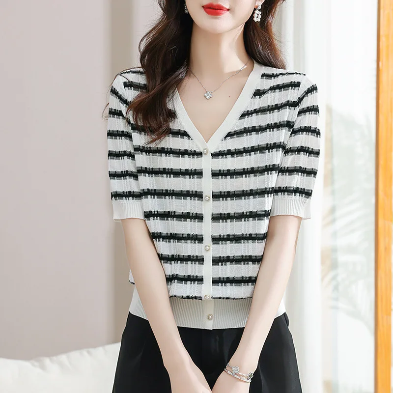 2024 New Summer Women's Clothing Retro Casual Elegant Fashion Chic Striped Knitting Button Polyester V Neck Short Sleeve Tops