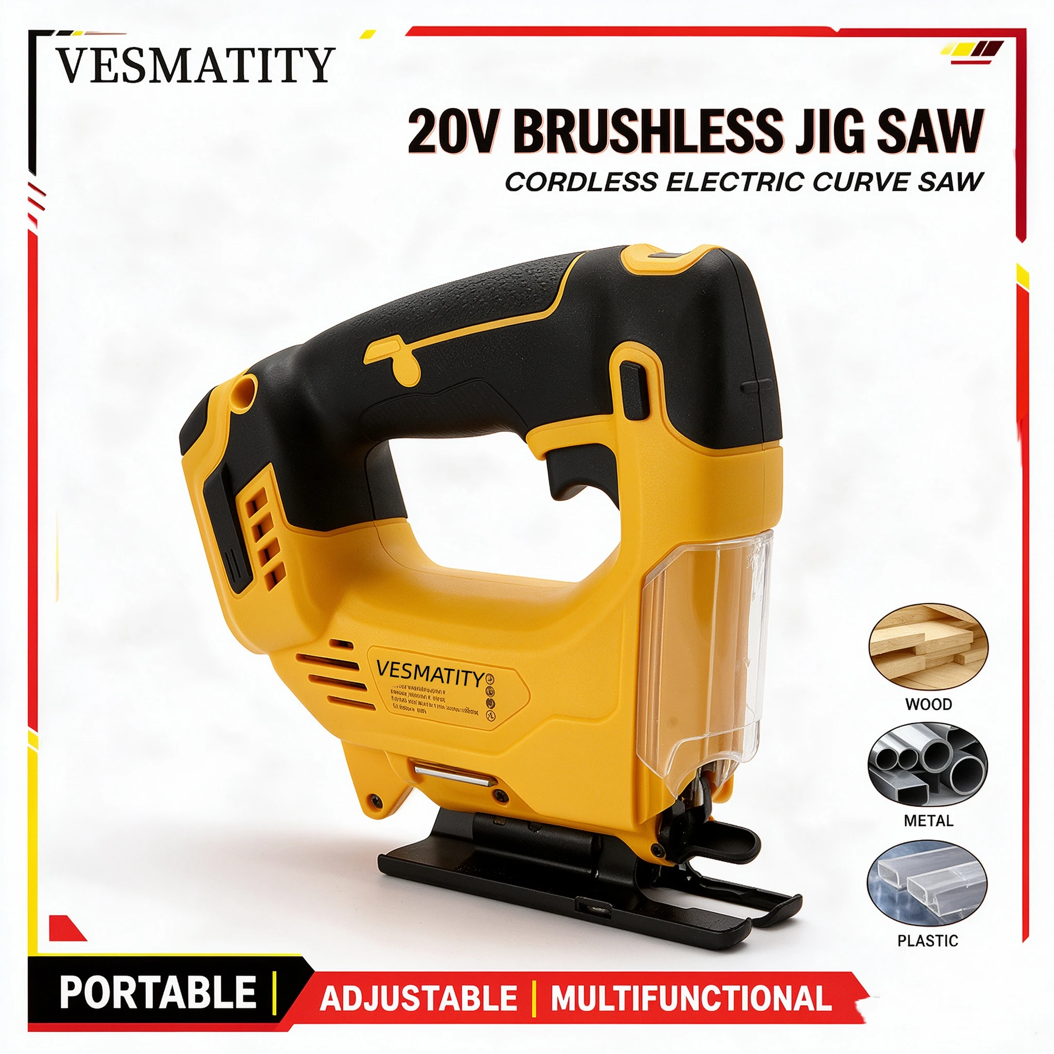 20V Brushless Jig Saw 2700RPM Cordless Electric Curve Saw Adjustable Portable Woodworking Cutting Power Tool for DIY Carpentry