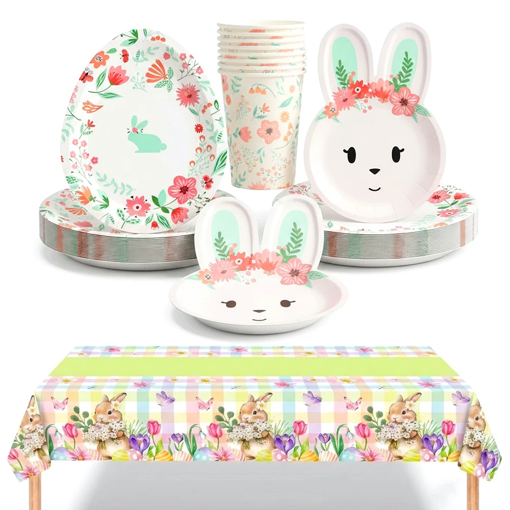 Assiettes en papier lapin de dessin animé de pâques, gobelets, œuf de lapin, nappe à imprimé Floral pour décoration de fête de pâques au printemps, cadeaux à thème de lapin