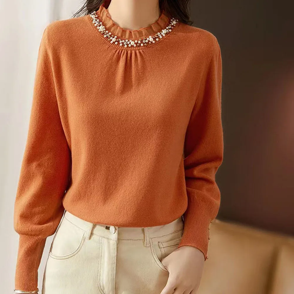 2024 New Spring Autumn Ruffle Sweater Women Sweet Bead Round Neck Knitted Pullovers Top Ladies Long Sleeve Temperament Knitwears