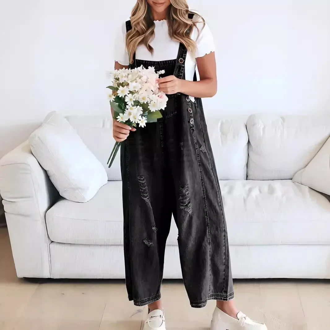 وزرة النساء هول الحمالات الجينز 2024 الخريف الإناث الشارع الشهير فضفاض بنطال ذو قصة أرجل واسعة خمر الدنيم الأقواس بنطلون