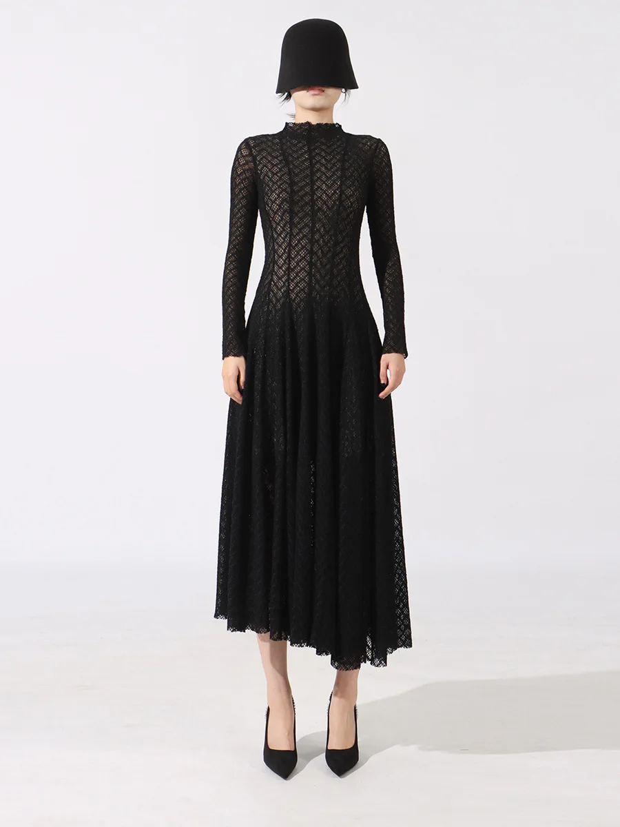 Hollow Out Mesh Maxi Dress High Collar Slim Fit Long Sleeve Robe High Waist Pleated Party Dresses 2025 New Lady Fashion Clothing