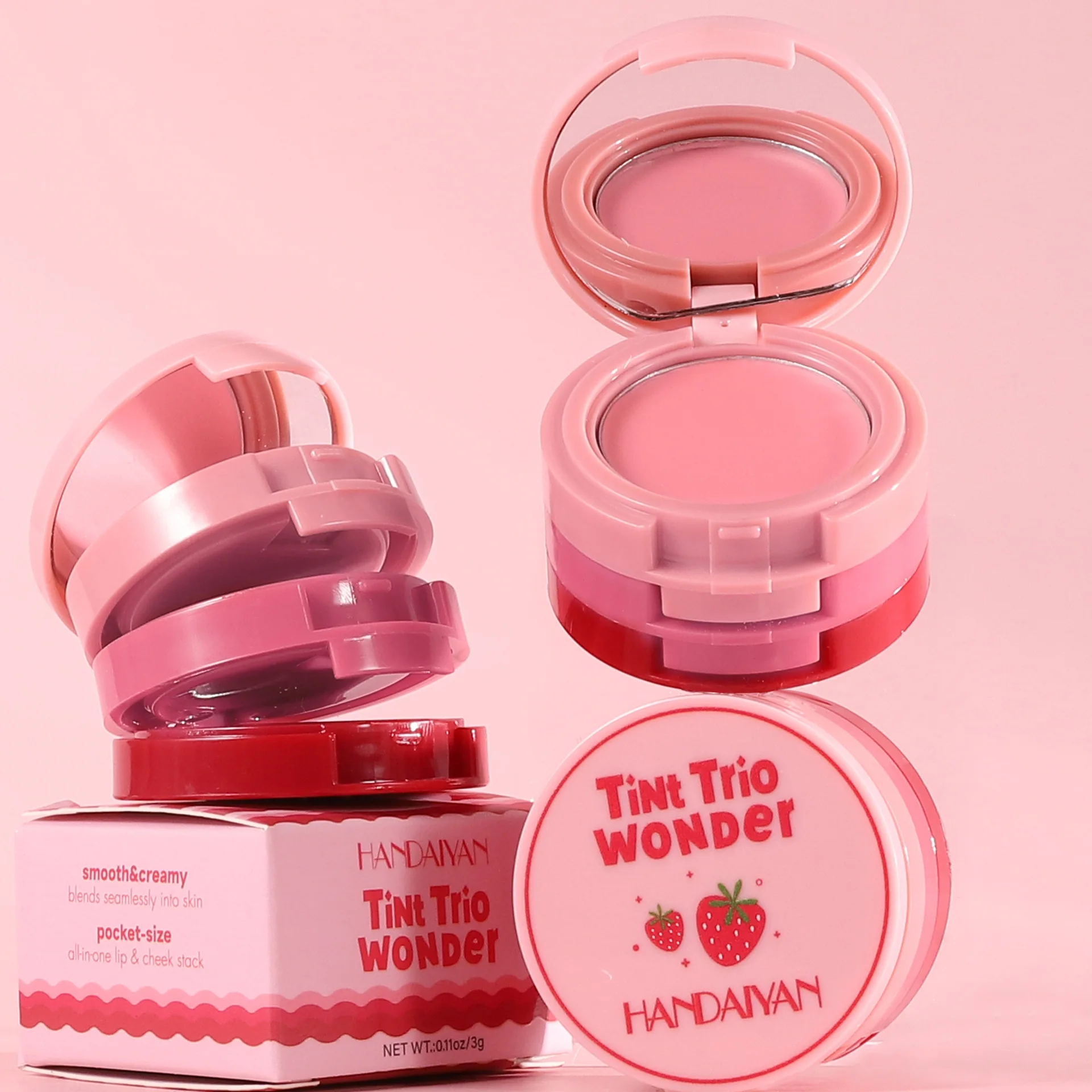 Handaiyan อายแชโดว์ไฮไลท์ผง blusher สามในหนึ่งแผ่นหินแสงจันทร์แววผงใบหน้าเงาจมูกแบบพกพา