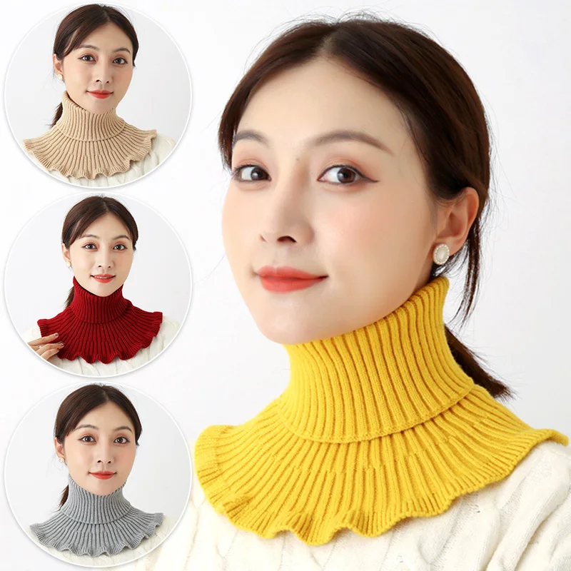 Winter Knitted Fake Collar Scarf for Women Detachable Neck Scarf Turtleneck False Fake Collars Warm Windproof Ruffles Wrap Scarf