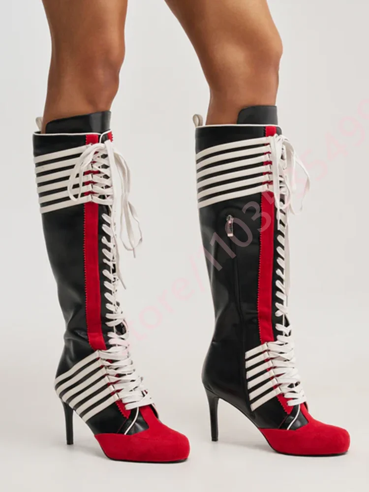 2026 New Black Red Color Block Striped Knee High Boots Women Full Lace Up Thin Stiletto High Heel Fashion Streetwear Long Boots