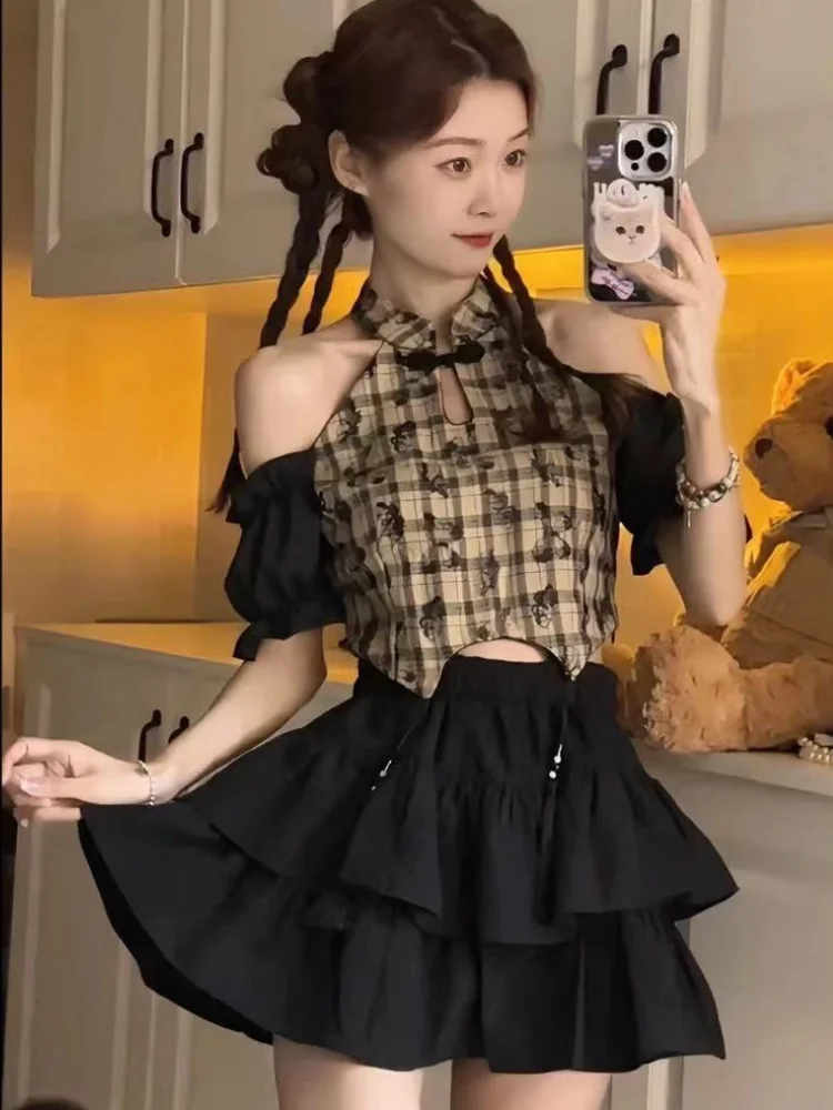 Party Kawaii Mini Short Skirt Black Ruffles Lightly Cooked Women's Two Piece Set Sleeve Full Y2k Streetwear Korea Female Outfits