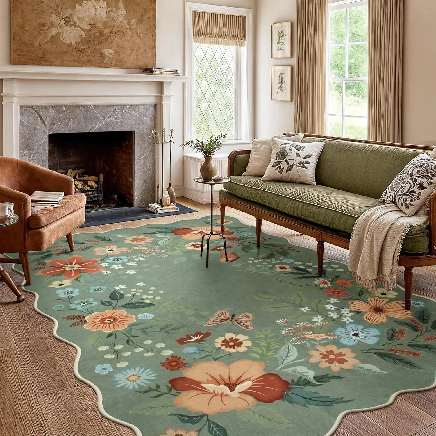 6X9 Rug For Bedroom Under Bed, Ultra Thin Large Carpet Washable Non Slip, Floral Area Rugs For Living Room, Playroom, Office,