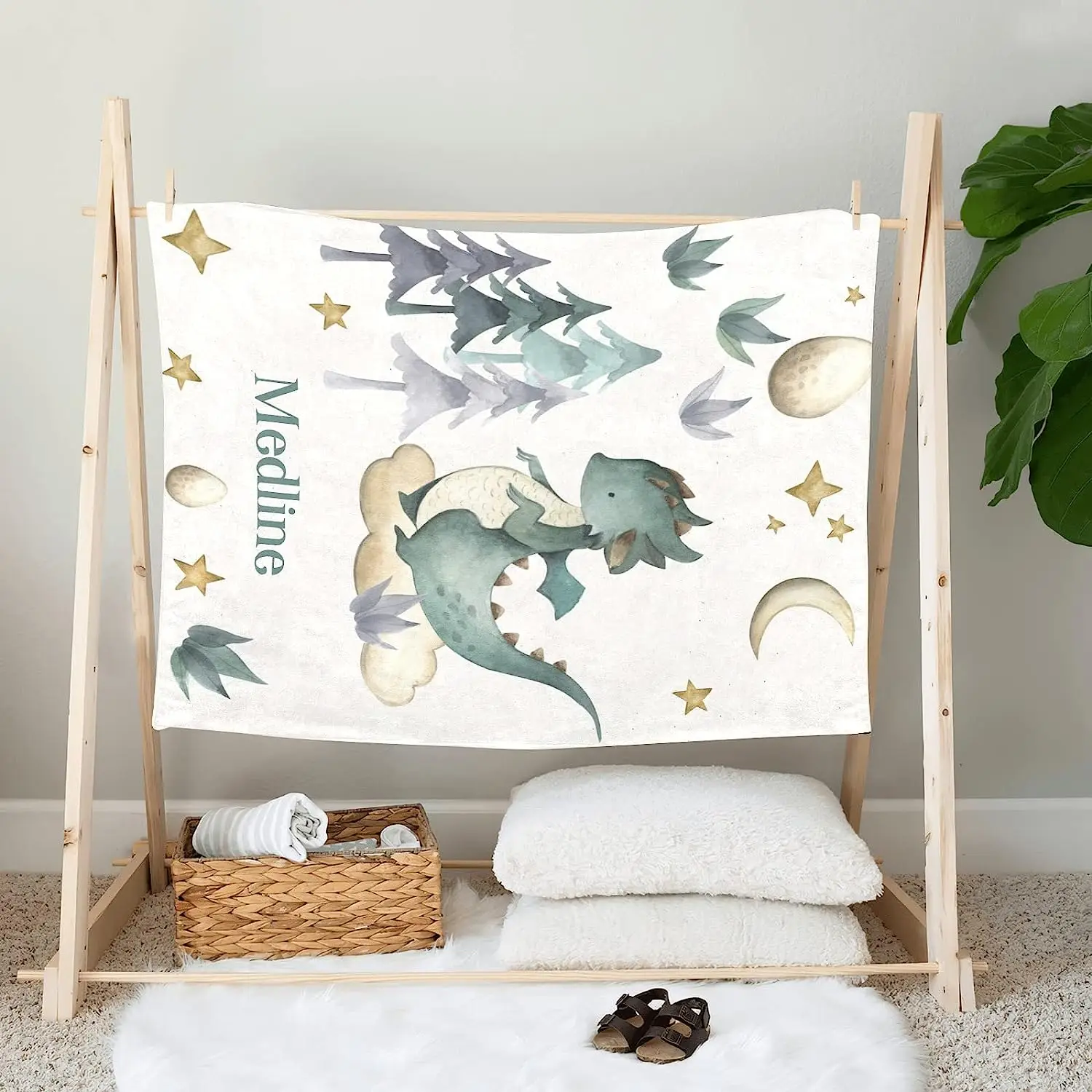 Watercolor Dragon Animal Personalized Kid Baby Blanket Customized 30 x 40 Inch Throw with Name Text for Girl Boy Baby