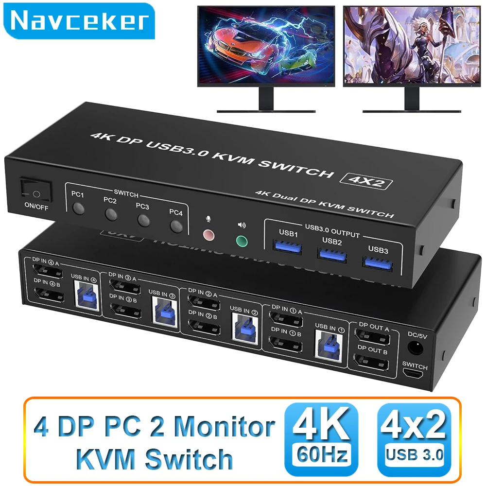 

4 Port HDMI KVM USB 3.0 Switch 4X2 Dual Monitor 4K@60Hz Extended Display DP KVM Switch 4 In 2 Out for 4 PC Share Keyboard Mouse