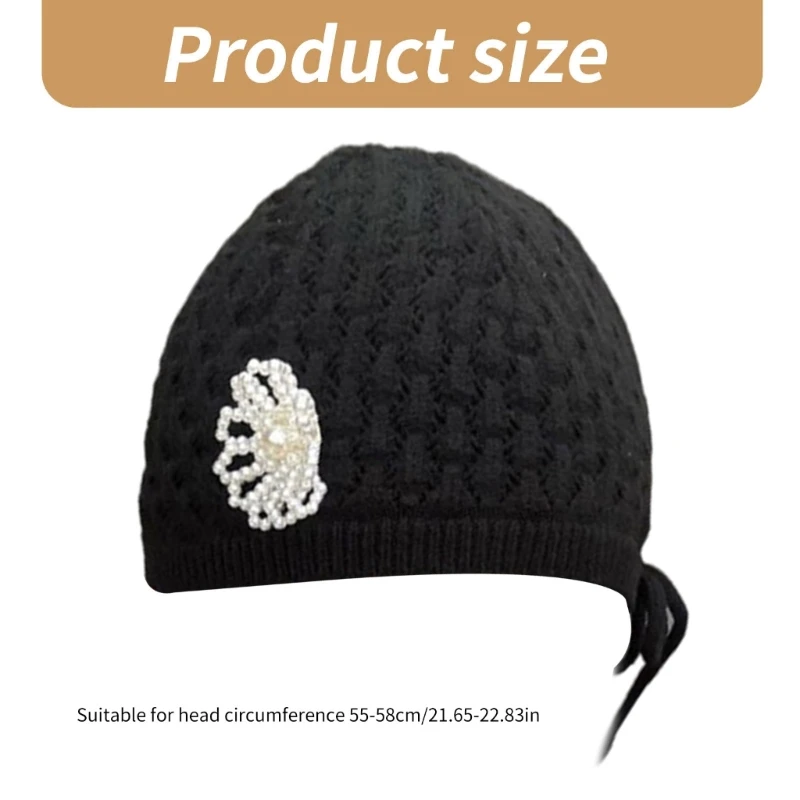 Handmade Crochet Hat Pearls Flower Skull Hat Teens Girl Soft Pullover Hat Dropship