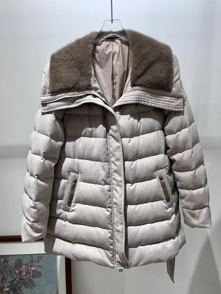 2025 Women Winter Warm Goose Down Jacket Real Mink Fur Collar Cashmere Wool Jackets Thick Cusual Female Puffer Jackets