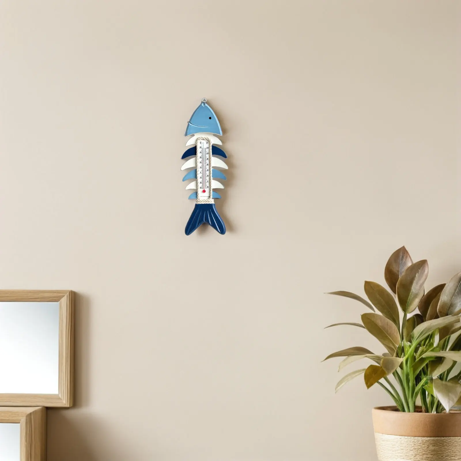 Rustic Wooden Fish Bone Wall Hanging Temperature Gauge Mediterranean Coastal Theme Blue White Nautical Wall Art Beach Home Decor
