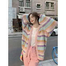 Women Autumn Fashion Loose Office Lady Striped Long Sleeve All-match Knitwear Coat Women Clothes Casual Knitting Cardigan Tops