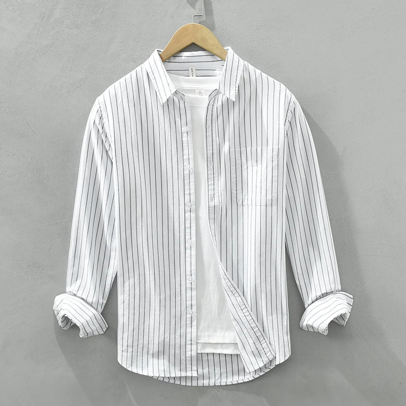 

Striped Shirts for Men Cotton Turn-down Collar Single Breasted Shirt 2023 Spring Autumn New Casual Men's Clothing