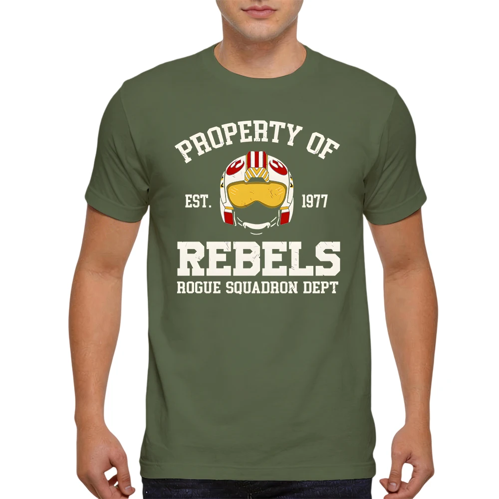 Mens 100% Cotton Short Sleeve T Shirt Property Of Rebels Rogue Squadron Retro Helmet Graphic Print Sci Fi Fan Summer Daily Tees