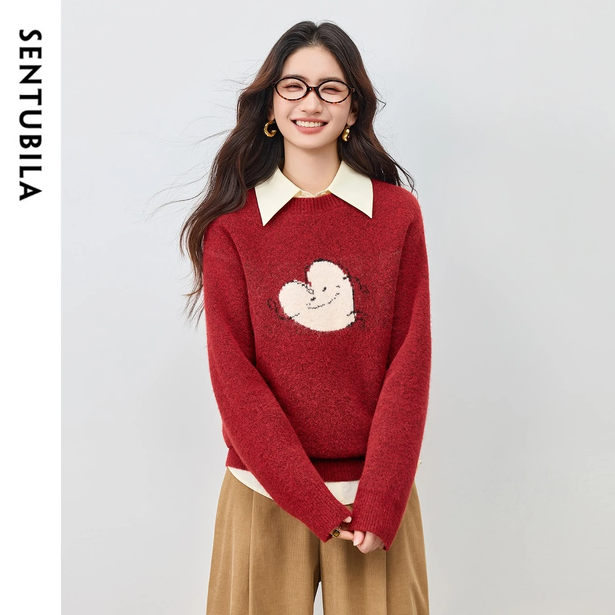 

SENTUBILA Women's Knitted Pullover Sweater 2025 Winnter O-Neck Loose Long Sleeve Wool Blend Knitted Top Ladies Jumpers W54EE3515