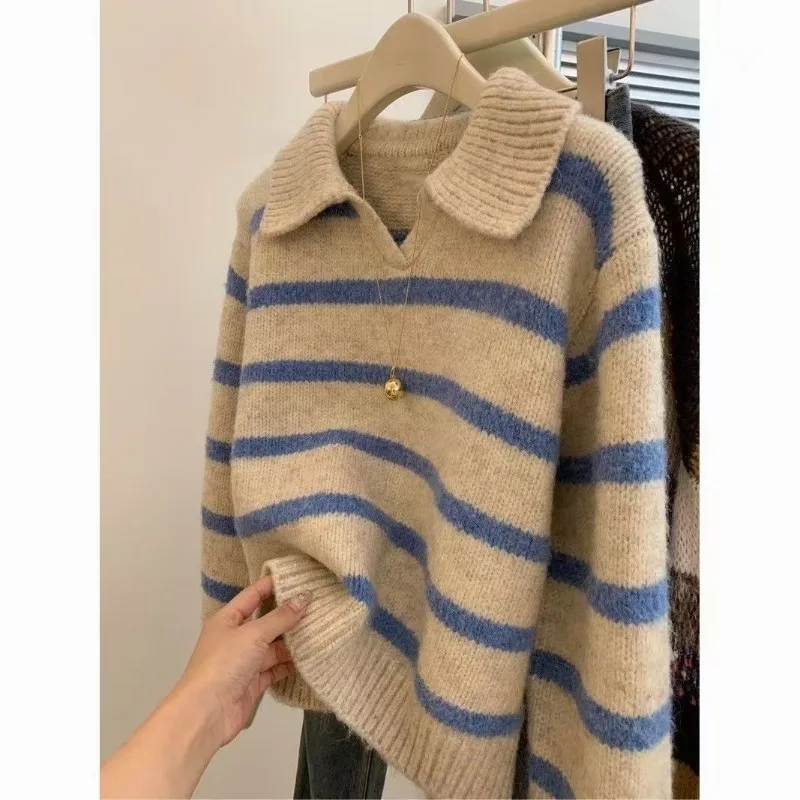 

Lapel Blue Striped Autumn Winter Sweater Long-sleeved Sweater Pullover Top Layered Versatile Short Style