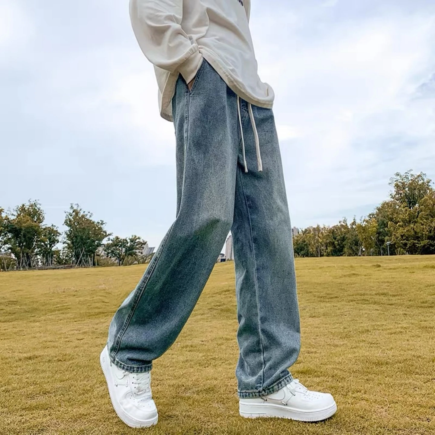 

Retro American Sle Men's Loose Fit Straight Leg Jeans Casual Summer Thin Denim Pants Youth Trendy Wear Resistant Long Trousers