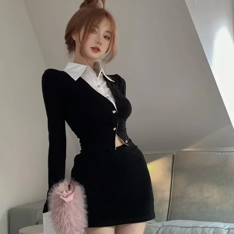 Black Fake Two Piece Slim Fit Long Sleeve Shirts for Women+ Y2k E-Girl High Waist Bodycon Skirts 2024 Autumn   Sets