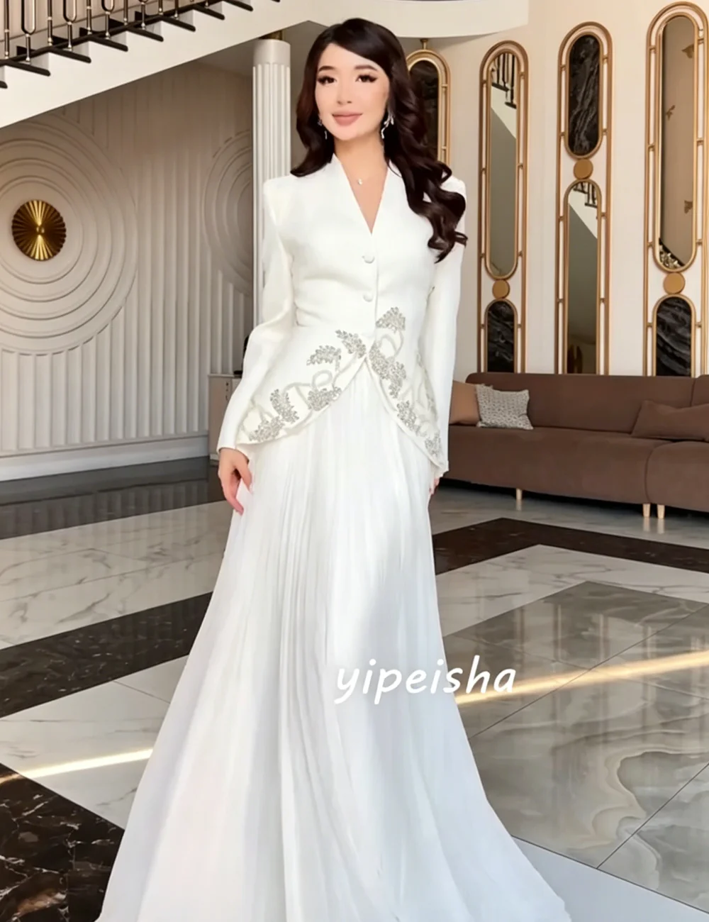 Customized Beige Exquisite Classic Jersey Button Beading Sequined Draped A-line V-neck Long Dresses Evening Dresses for Woman
