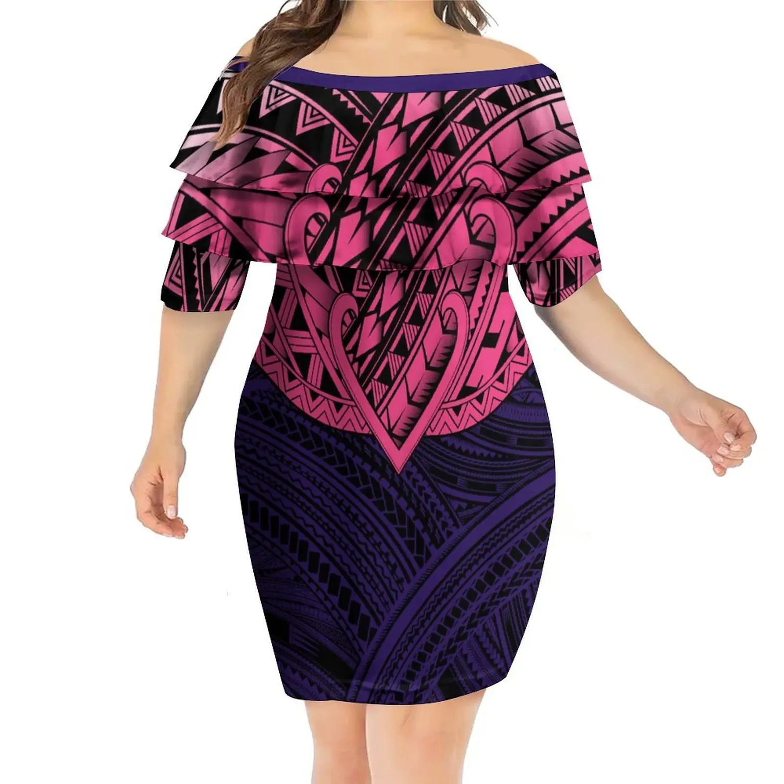 Drop Shipping Drape One Shoulder Dresses Custom Polynesian Tribal Print Layered Ruffle Short Mini Dress Plus Size Womens Dresses