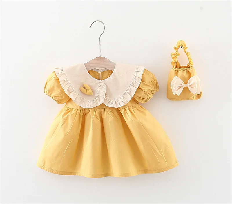 2Piece Summer Set Baby Girl Clothes Korean Cute Doll Collar Short Sleeve Cotton Princess Pink Dress+Bag Toddler Dresses BC514