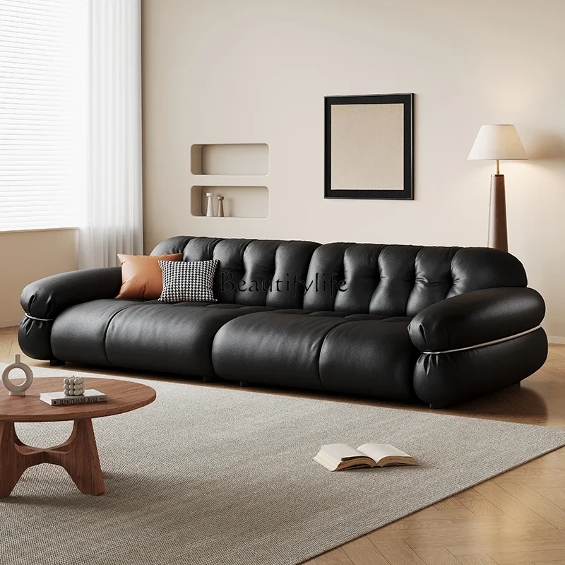 Italian light luxury leather sofa French retro wind cloud brown sugar straight row sofa