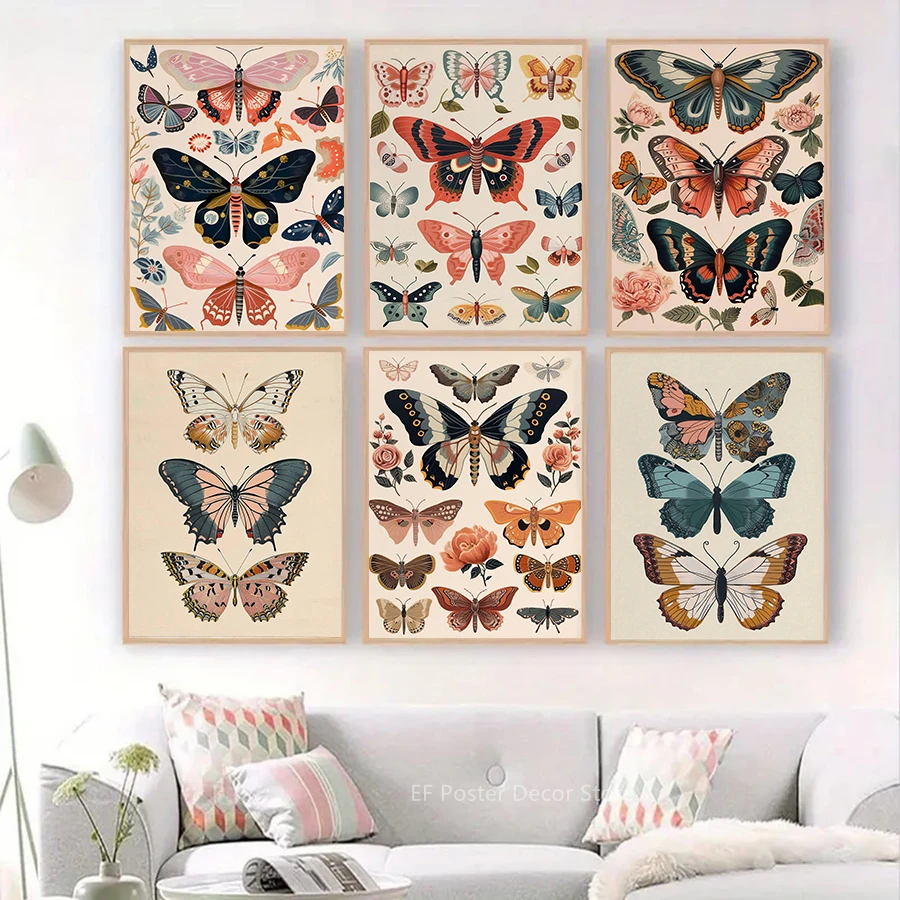 Boho Butterfly Poster Floral Aesthetic Prints Artwork Painting Living Room Bedroom Office Hallway Club Home Kitchen Wall Decor