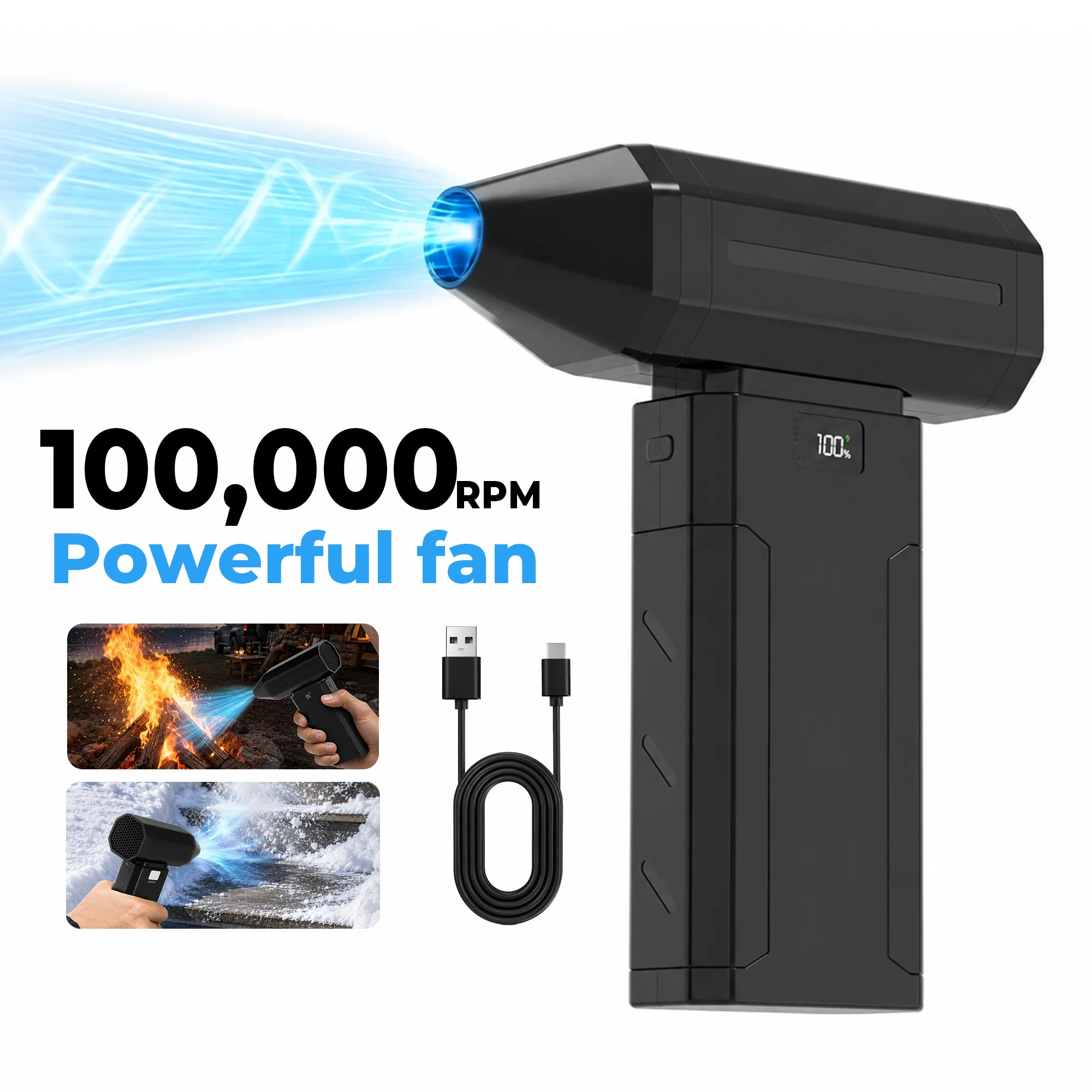 1 Pack Cordless Turbo Air Duster Fan, 100000 RPM Brushless Motor with 4000mAh Rechargeable Battery, 5 Speeds LED Display, Type-C Charging Handheld Blower for Computer Keyboard Cleaning, Car, Camping, Outdoors