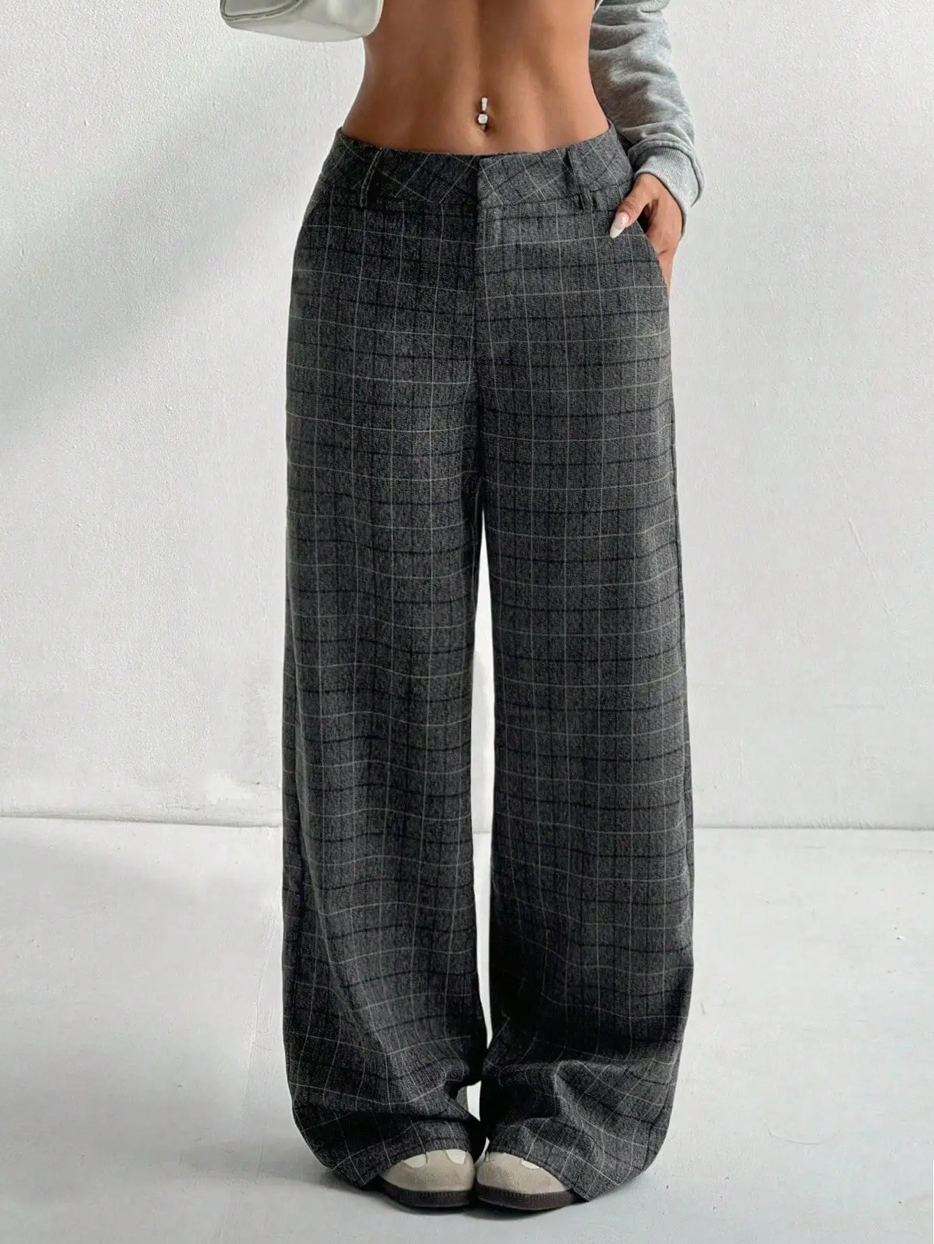 

Women's Low Waist Wide Leg Plaid Pants, Loose Fit Casual Trousers for Fall