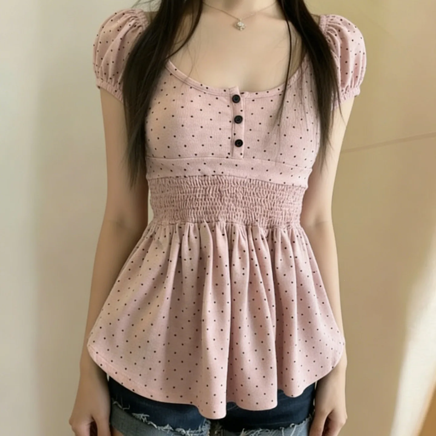 Sweet Polka Dot Print Waist Short-sleeved T-shirt Retro A-line Babydoll Blouse Shirt Top for Versatile Fashion Women Clothing