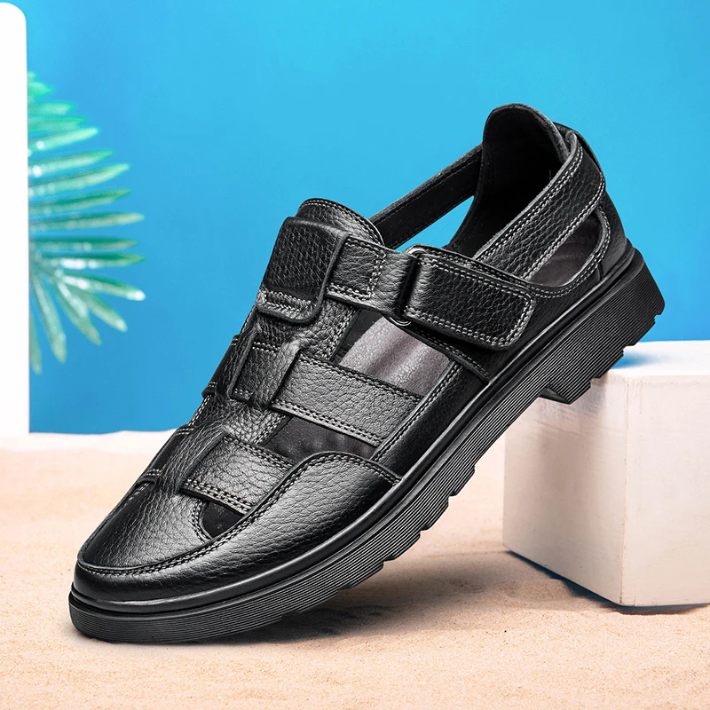 

large size mens casual shoes covers toe genuine leather sandals cut-out breathable summer tour hiking sandalias black footwear