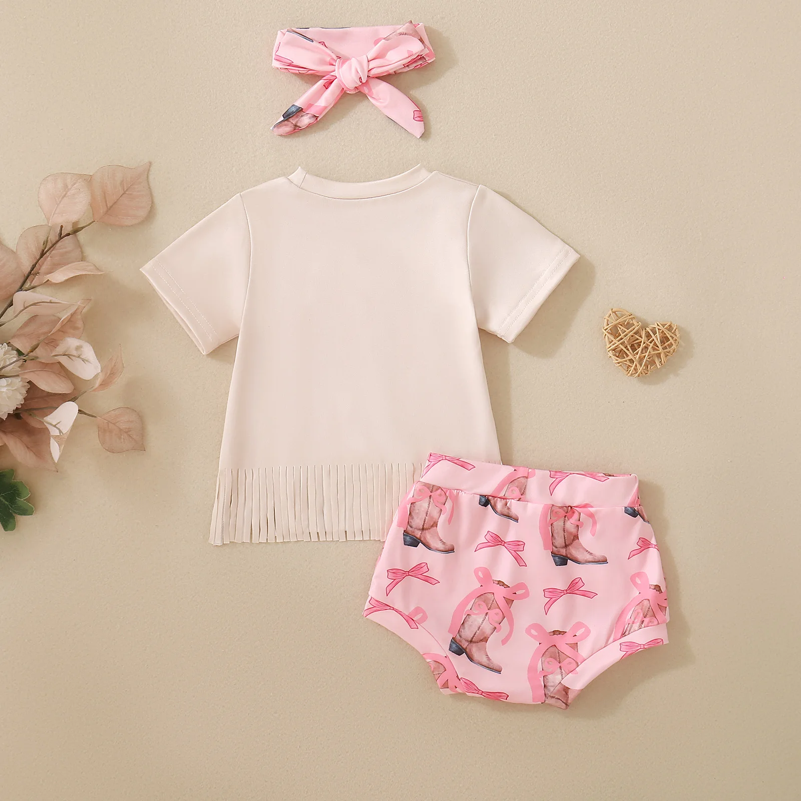 Summer Infant Girl's Outfit with Booties Printed Short Sleeve T-Shirt Top And Shorts Two-Piece Set