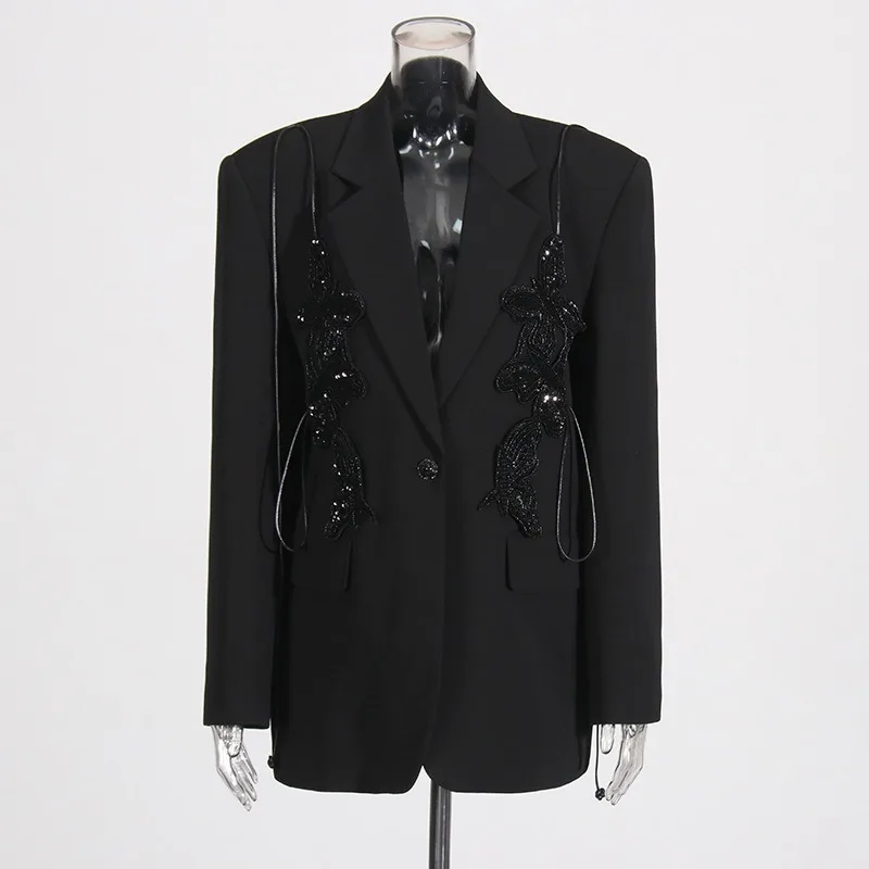 Temperament European and American style high-end top 2024 new one-button design heavy industry sequined bow blazer