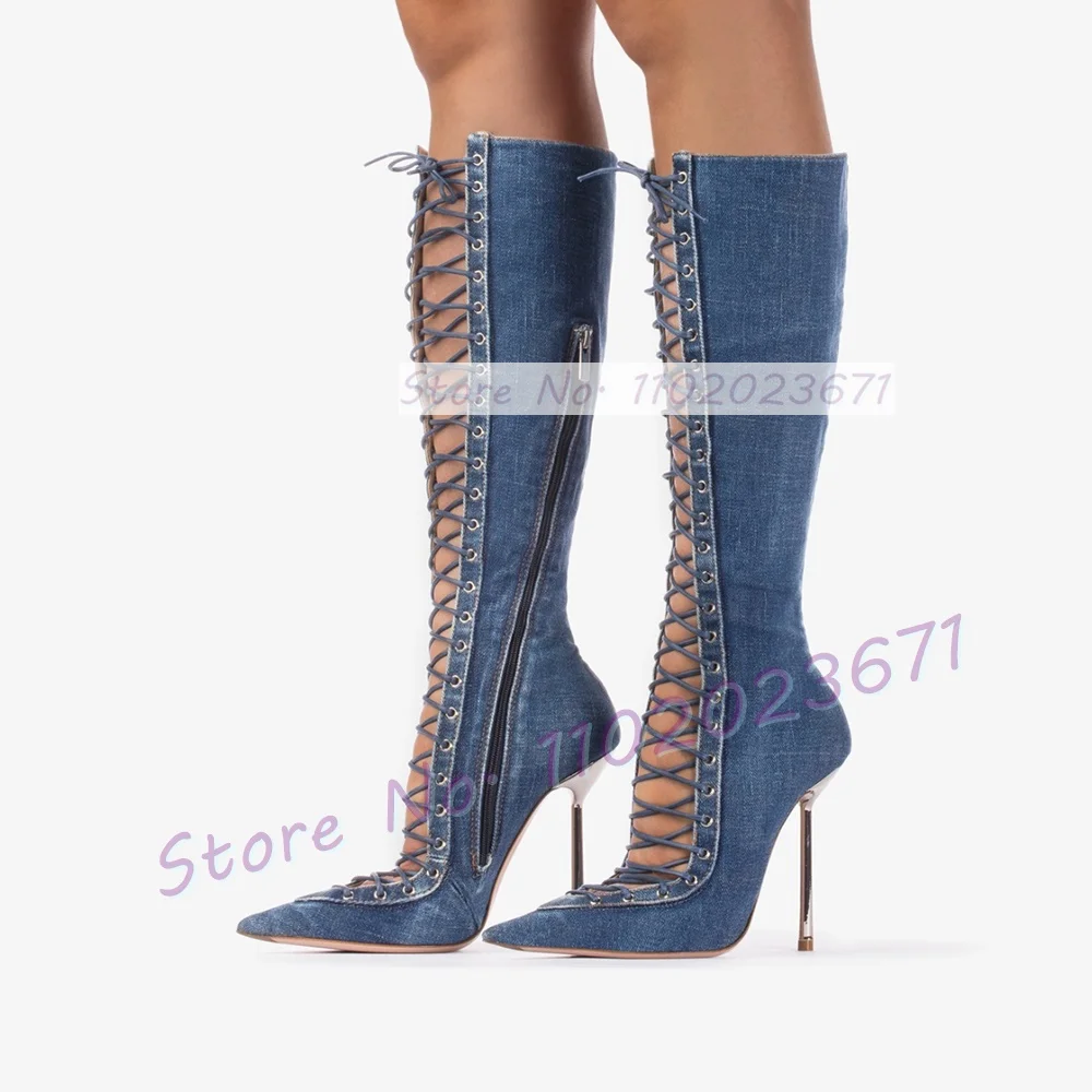 Front Cross-tied Denim Heels Boots Women Sexy Pointy Toe Cutout Lace-up Knee High Boots Hot Girls Fashion Streetwear Shoes