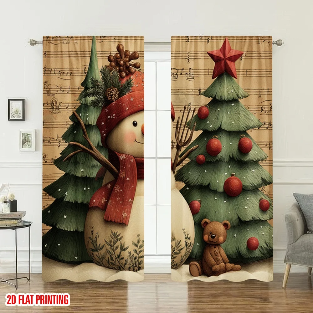 2 قطعة 2D الطباعة المسطحة عيد ميلاد سعيد الستائر عيد الميلاد ثلج مع الأشجار الرقمية المطبوعة البوليستر الستائر احتفالي جدار ديكور #6