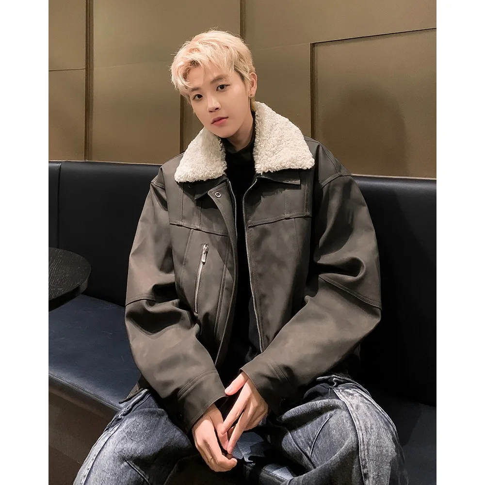 

Мужская зимняя куртка в американском ретро-стиле с отстегивающимся воротником из овечьей шерсти, свободного кроя, утепленная флисом, модная