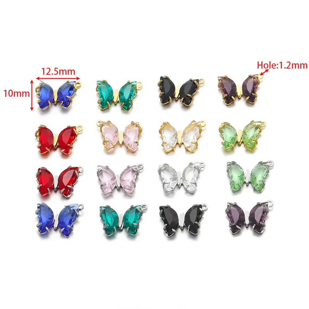 5 Stück Edelstahl- und transparente Kristallglas-Schmetterlingsanhänger für DIY-Mädchen-Schmuck, Halsketten, Charms, Zubehör und Ohrringherstellung – Detail 1