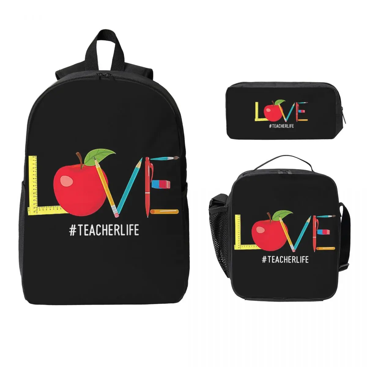 

Love Teacher Life Apple Pencil Backpack Student Boys Girls BookBag School Bag Shoulder Bags 3ps Insulated Lunch Bag Pencil Case