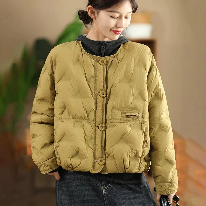 Autumn and Winter White Duck Down Jacket Women's Retro Casual Collarless Outdoor Sportswear Loose Warm Top New Jacket