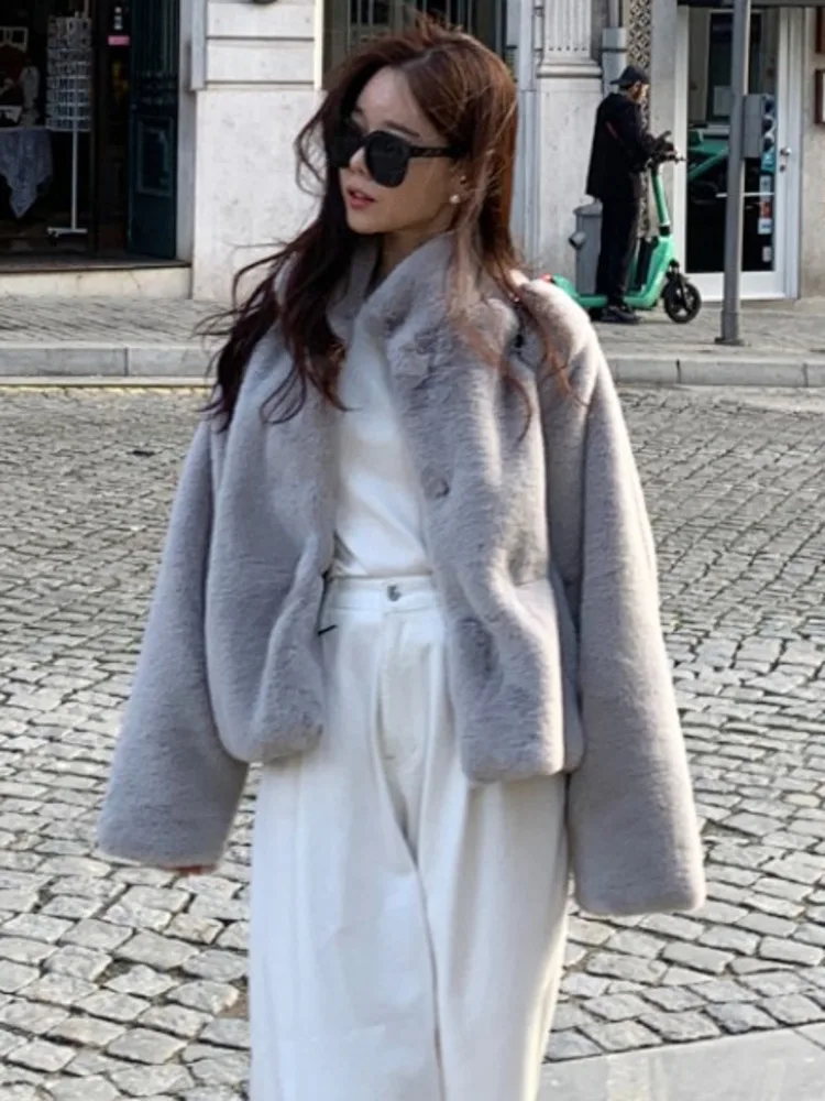 [EWQ] Korean Chic Long Sleeve Stand Collar Mink Fur Coat Solid Luxury Women Winter Keep Warm Coats 2024 Autumn New Tide 16O2986