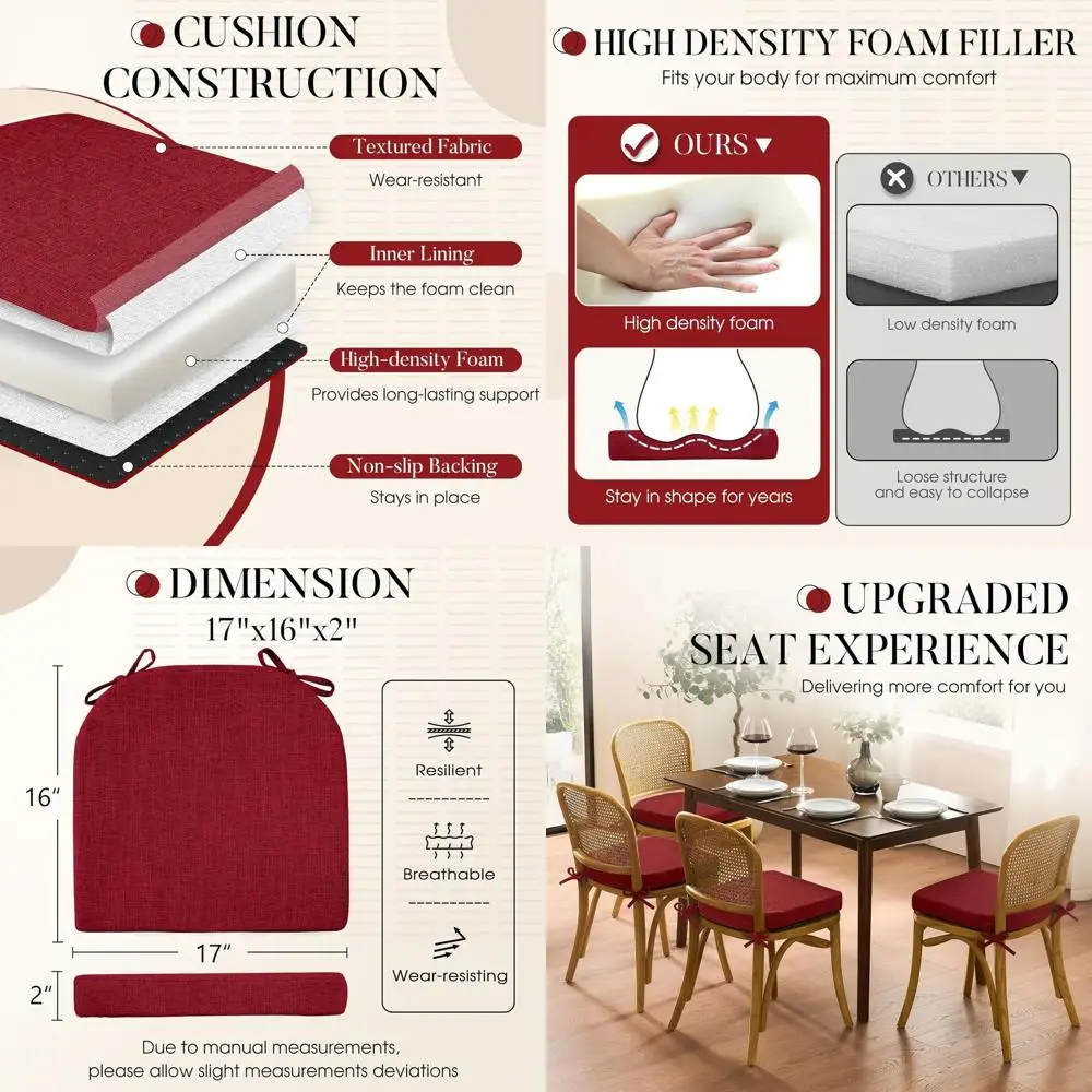

Thick Removable Seat Cushions with Ties for Dining Chairs, Set of 6, 17 x 16, 2 Thick, Red
