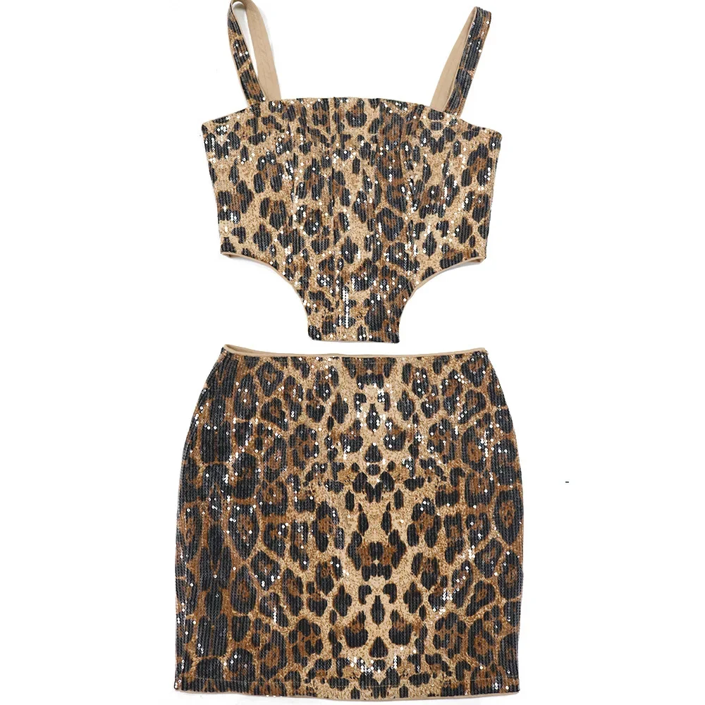 2024 Spaghetti Strap Leopard Print Sequined Dress Sets Tops and Skirt Two Piece Set Women 2 Piece Night Going Out Club Outfits