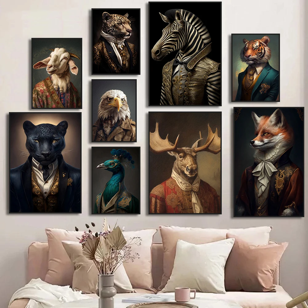 Aristocrat Animals Zebra Fox Tiger Eagle Sheep Panther Portrait Poster Canvas Printing Vintage Wall Art Decor Wall Art Decor