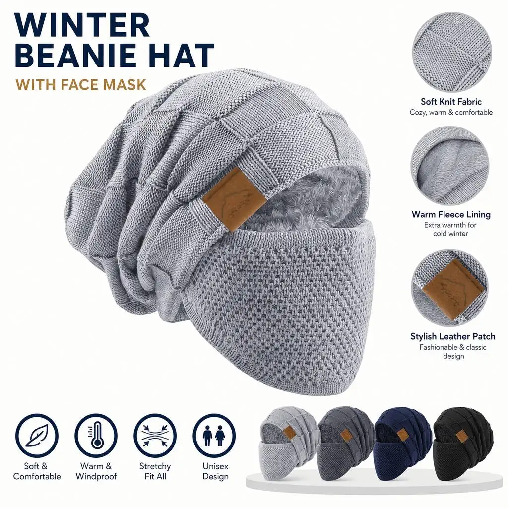 Unisex Winter Fleece-Lined Cold-Resistant Face Mask Two-Piece Hat - Elastic Drawstring Closure, Lightweight and Warm, Suitable F